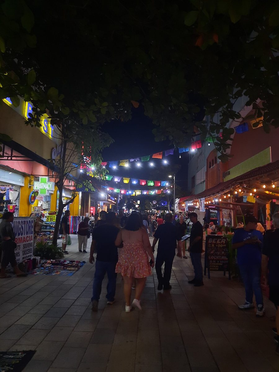 Calle Quinta Avenida de noche en Playa del Carmen